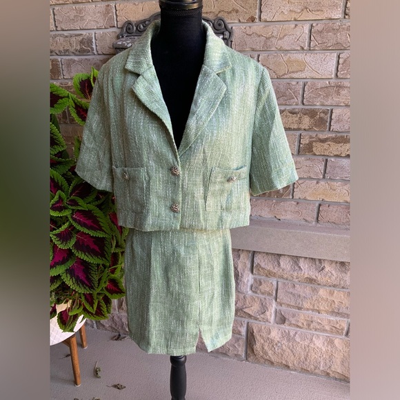 FASHION NOVA Can’t Let You Go Tweed Skirt Matching Set Sage Green SZ Medium NEW - Picture 11 of 16